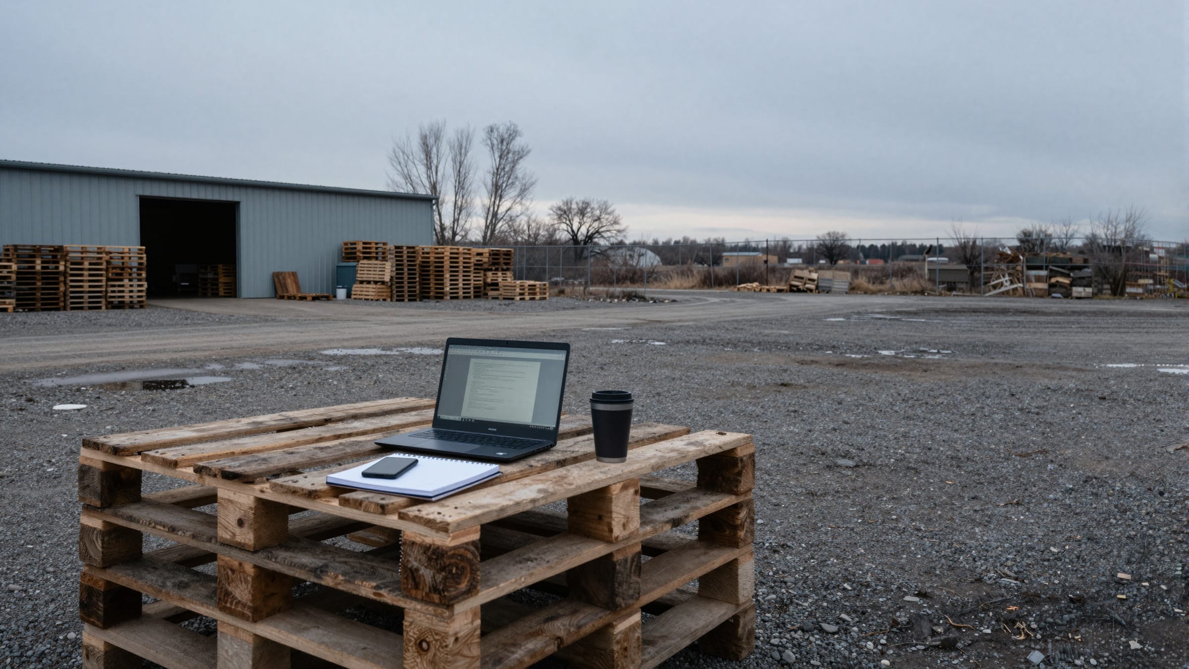 A laptop and a notebook set on a stack of pallets in a gravel yard, a shop with its door open beyond.