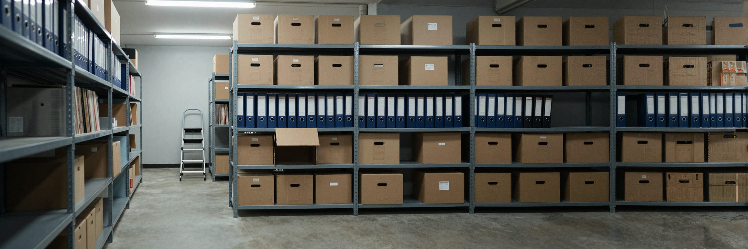 Shelving packed floor to ceiling with archive boxes and binders, one box pulled half out.