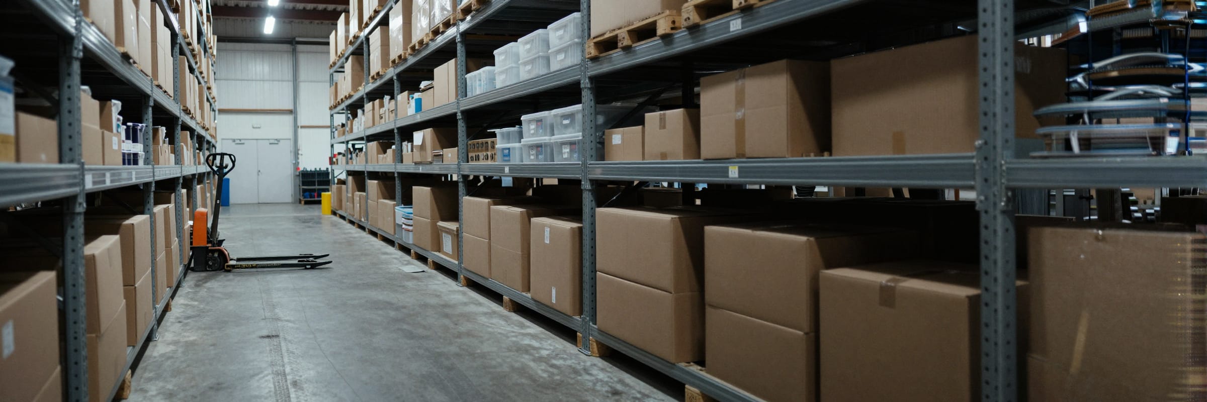 An aisle of pallet racking stacked with cartons and totes, a pallet jack at the far end.